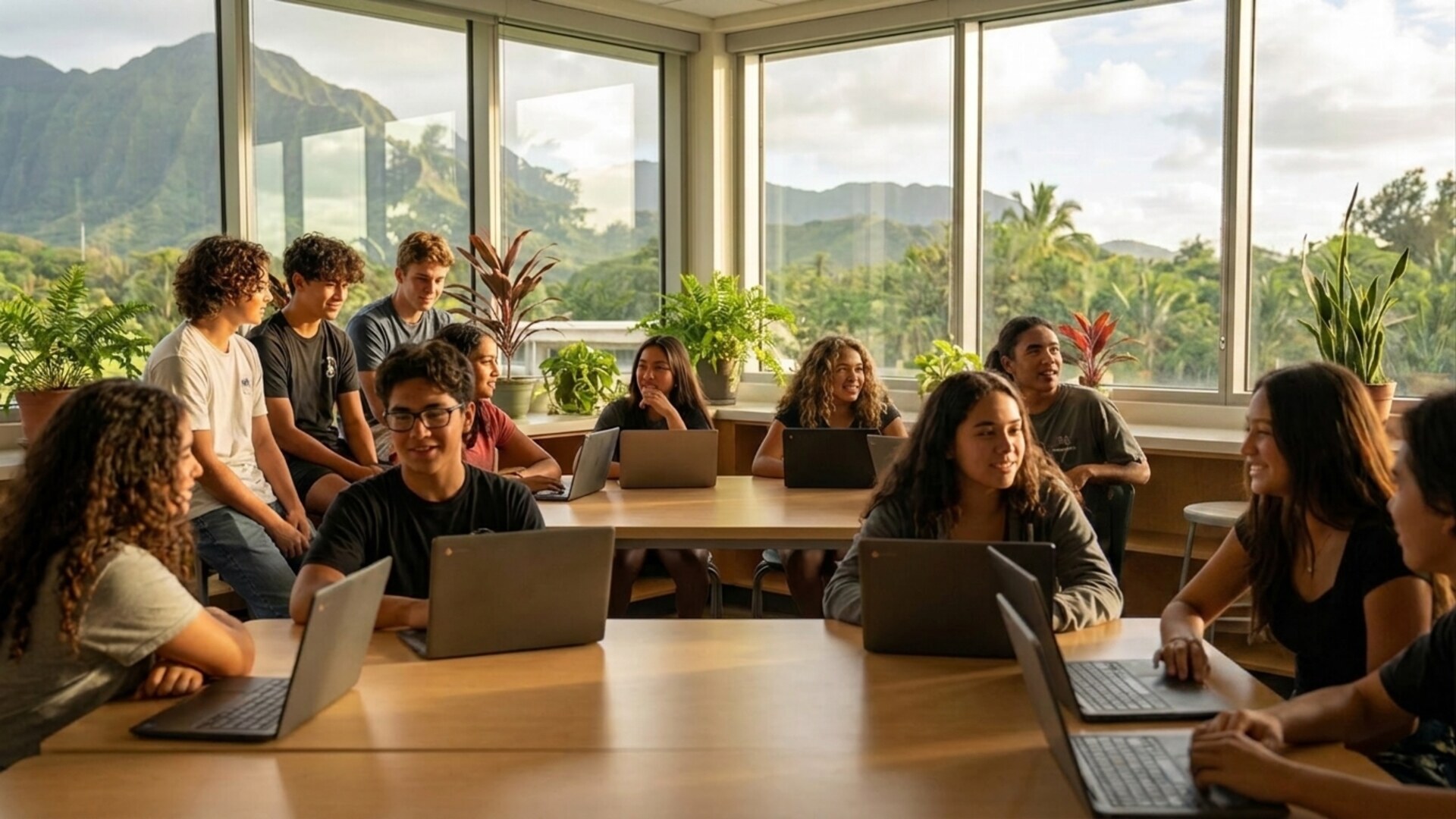 Diverse Hawaiʻi students collaborating on AI projects in a bright classroom