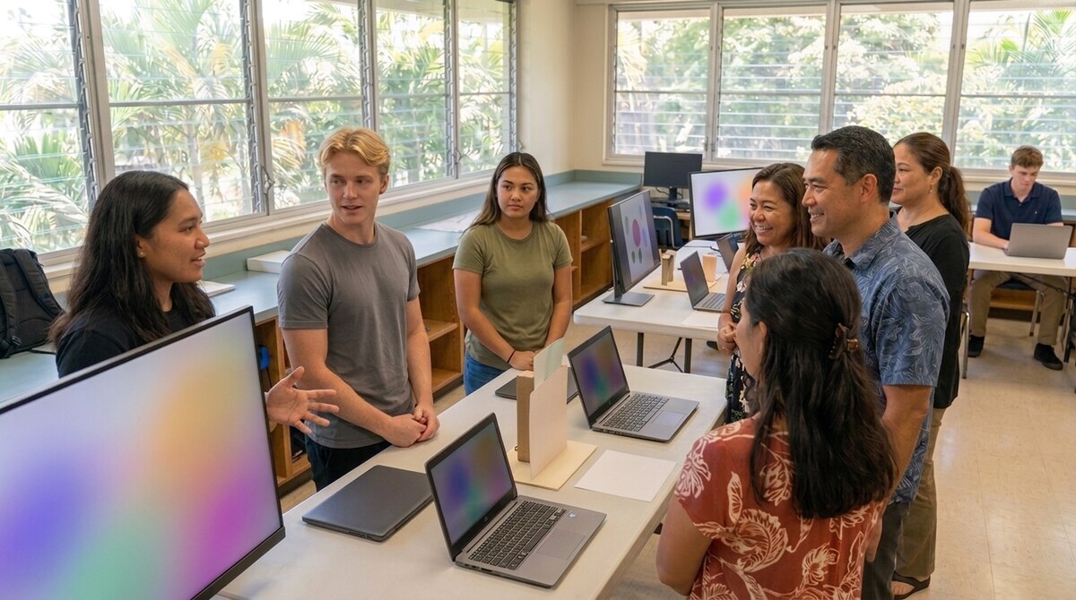 Hawaiʻi students presenting AI community projects at a showcase